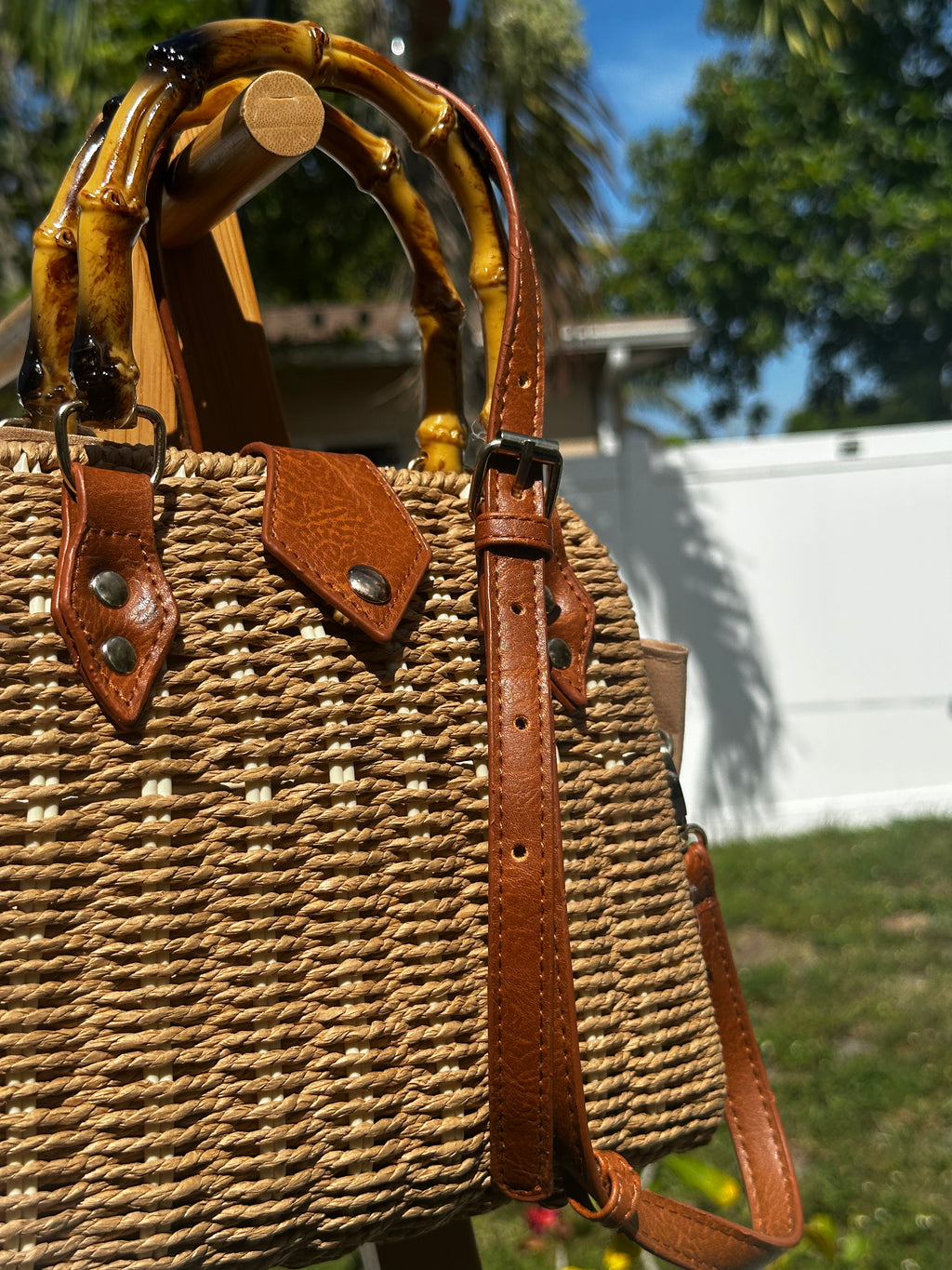 Bamboo Handle Woven Tote