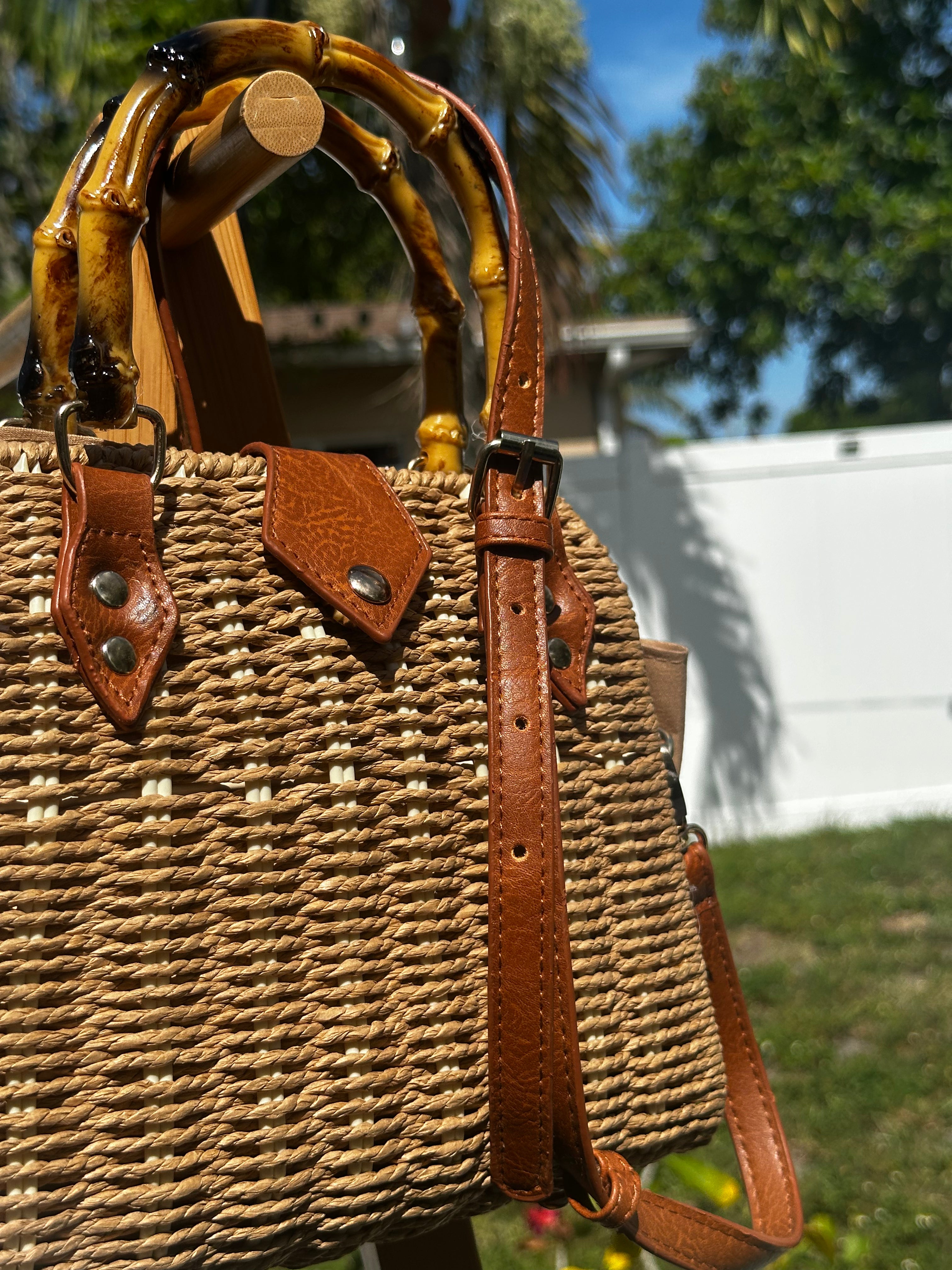 Bamboo Handle Woven Tote